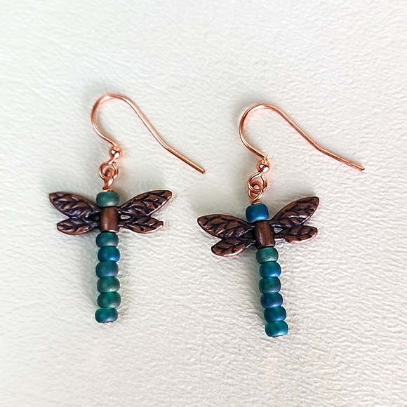 Copper & Iridescent Matte Green-Blue Dragonfly Dangle Earrings, Handmade - Picture 3 of 6